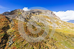 Mountains and peaks landscape. Stubaier Gletscher covered with glaciers and snow, natural environment.