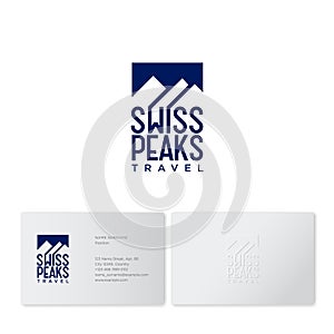 Mountains peaks and letters. Swiss Tours Company logo. Emblem for alpinism. photo