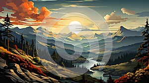 Mountains perspective, morning landscape vector with gradients