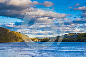 Mountains and railroad bridge over the Connecticut River, in Brattleboro, Vermont