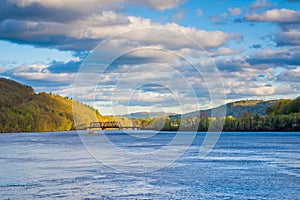 Mountains and railroad bridge over the Connecticut River, in Brattleboro, Vermont