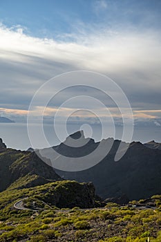 Mountains range in Rural de Teno park near isolated village Masca on Tenerife and La Gomera island on background, Canary islands,