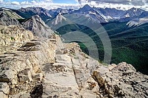 Mountains range view in Jasper NP with chipmunk in foreground