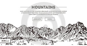 Mountains ranges. Nature sketch. Spiky mountain landscape sketch hand drawing, in engraving etching style, for extreme