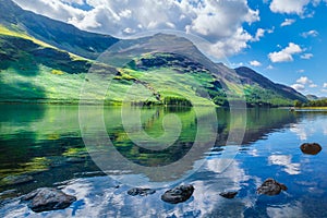 Mountains reflected on a lake at the Lake District in England