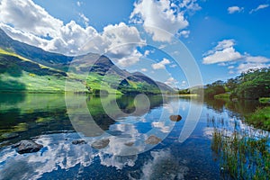 Mountains reflected on a lake at the Lake District in England