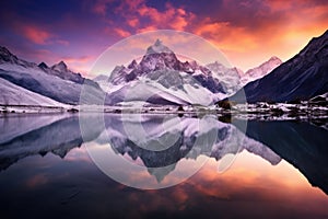 Mountains reflected in the lake at sunrise, Cordillera Blanca, Peru, A mountain lake with a perfect reflection at sunrise, A