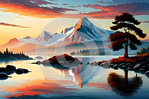 Mountains reflected in the lake at sunset, Vector illustration of landscape, abstract art, generative ai