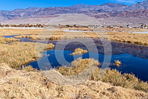 Mountains reflected in a marsh at Owens Lake near Keeler, California, USA