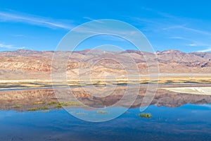 Mountains reflected in a rehydrated section of Owens Lake in California, USA