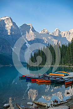 Mountains, reflections and Canoes on Moraine Lake