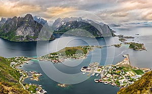 Mountains and Reine in Lofoten islands, Norway