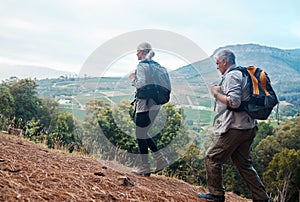 Mountains, retirement and hiking, mature couple on fitness nature walk with mountain in view in Peru. Travel, senior man