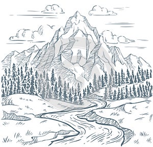 Mountains river engraving. Outdoors travel, mountain adventures and snake rivers vintage hand drawn landscape vector