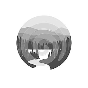 Mountains, river and forest logo design template. natural landscape with trees, nature landscape icon