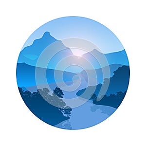 Mountains with river and forest trees landscape. Vector Illustration in round frame.