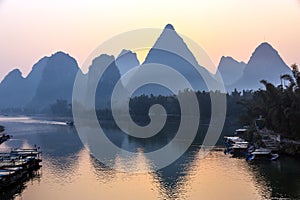 Mountains and River Sunrise View at Guilin City in China