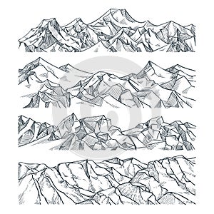 Mountains and rocks landscape. Vector sketch illustration. Hand drawn mountain peak, hills, isolated on white background
