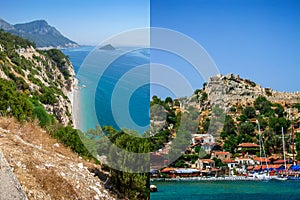 Mountains by the sea or ocean. Village with a harbor and yachts to illustrate travel or vacation tour