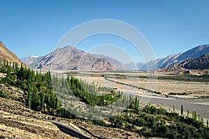 Mountains, Shyok river and green trees with blue sky background on way to Diskit in Nubra valley, Leh