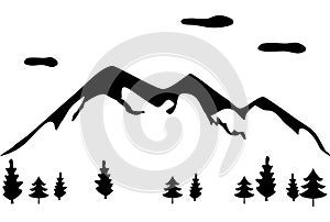 Mountains silhouette black and white icon, rocky peaks or mountains ranges vector