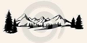 Mountains silhouettes. Mountains vector, Mountains vector of outdoor design elements, Mountain scenery, trees, pine vector,