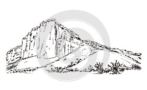 Mountains sketch, engraving style, hand drawn vector illustration