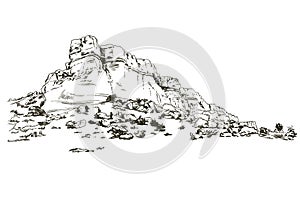 Mountains sketch White Rock Crimea engraving style, hand drawn vector illustration