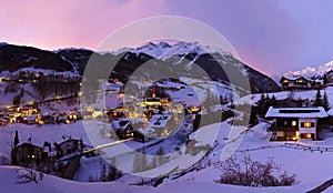 Mountains ski resort Solden Austria at sunset