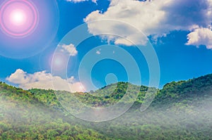 Mountains, sky and clouds, light beam.