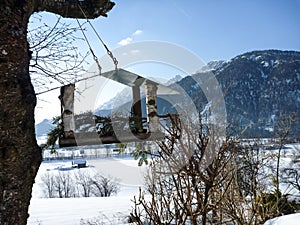 Mountains snow austria and birdhouse in the tree