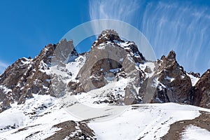 Mountains with snow and glaciers against a blue sky