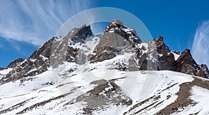 Mountains with snow and glaciers against a blue sky