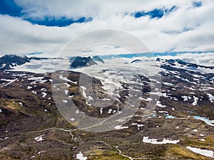 Mountains with snow and glaciers. Road Sognefjellet, Norway