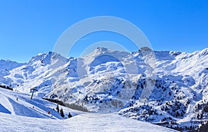 Mountains with snow in winter. Meribel Ski Resort