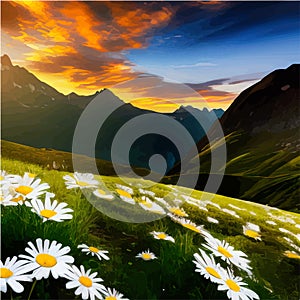 Mountains spring landscape. Mountain green valley with a field of daisies.