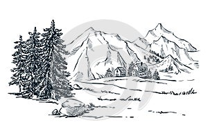 Mountains, spruce and pine trees landscape, vector sketch illustration. Hand drawn winter hills and forest.