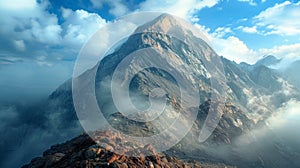 Mountains with a striking peak piercing through thick clouds