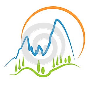 Mountains and sun, mountains logo, sun logo, travel and tourism logo, sports and fitness logo