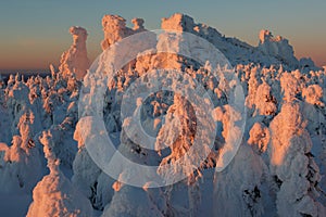 Mountains in sunset red light. Kolchimsky Stone, Perm Kray, Russia