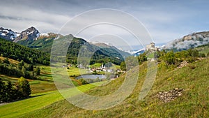 Mountains surrounding the village and Castle of Tarasp GraubÃ¼nden, Switzerland