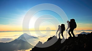 Mountains team climbers on snowy trail, conquered the mountain in winter, Climber on top of a winter view of snow-capped mountain