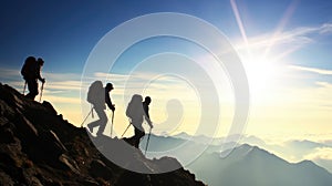 Mountains team climbers on snowy trail, conquered the mountain in winter, Climber on top of a winter view of snow-capped mountain