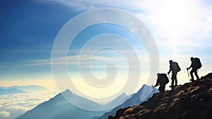 Mountains team climbers on snowy trail, conquered the mountain in winter, Climber on top of a winter view of snow-capped mountain