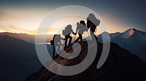 Mountains team climbers on snowy trail, conquered the mountain in winter, Climber on top of a winter view of snow-capped mountain