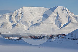 Mountains tower over Longyearbyen, Spitsbergen (Svalbard). Norway