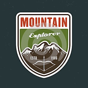 Mountains travel and outdoor adventure vector emblem, sticker, label, badge or logo in colorful style