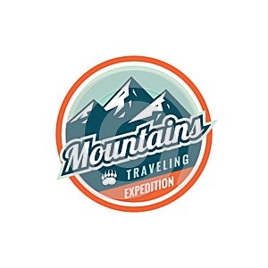 Mountains traveling expedition - concept badge. Climbing logo in flat style. Extreme exploration sticker symbol. Adventure outdoor