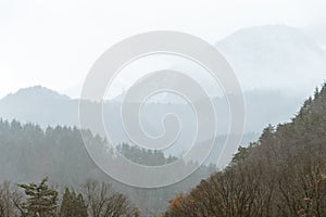 Mountains and trees Landscape of Gassho-zukuri Village, Japan