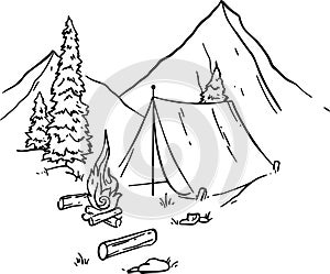 Mountains, trees, tent, caster, hand draw vector illustration art